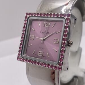 Fusion Womens Silver Pink Gem Rhinestone Tank Cuff Watch New Battery